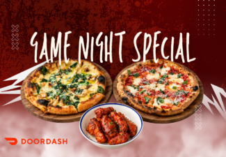 Two wood-fired pizzas and a bowl of Buffalo chicken wings featured in Posto Pizzeria & Bar's Game Night Combo, available for delivery on DoorDash in Calgary.